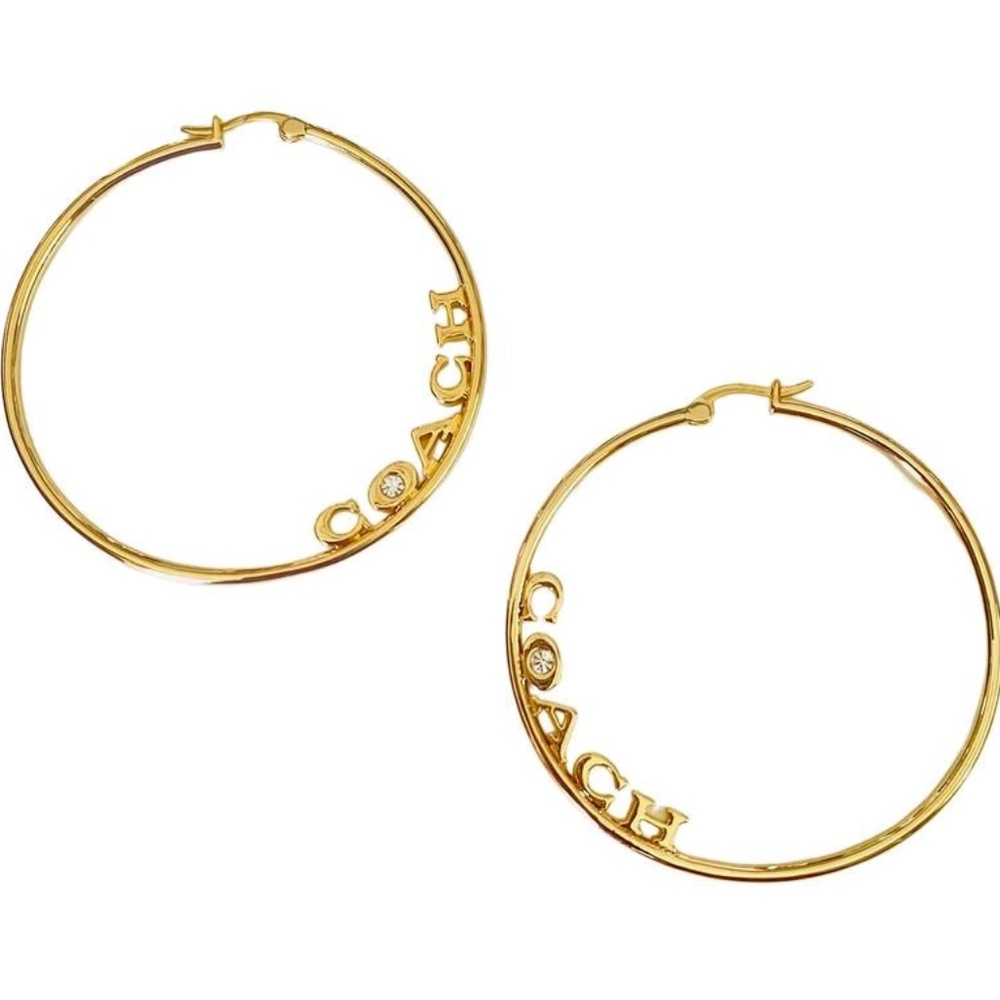 NEW Coach Medium Gold Hoop Earrings w Crystal Accent 2 1/4”
